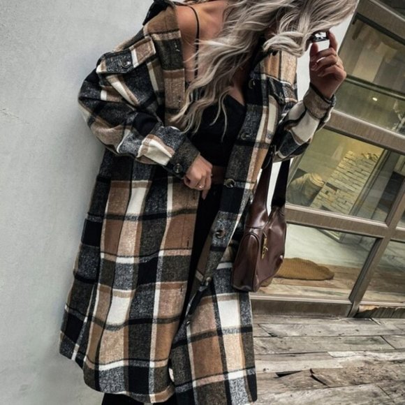 undefined Jackets & Blazers - Casual Contemporary Plaid Print Drop Shoulder Coat
